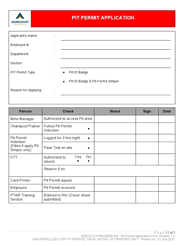 Pit Permit Application Form en PDF