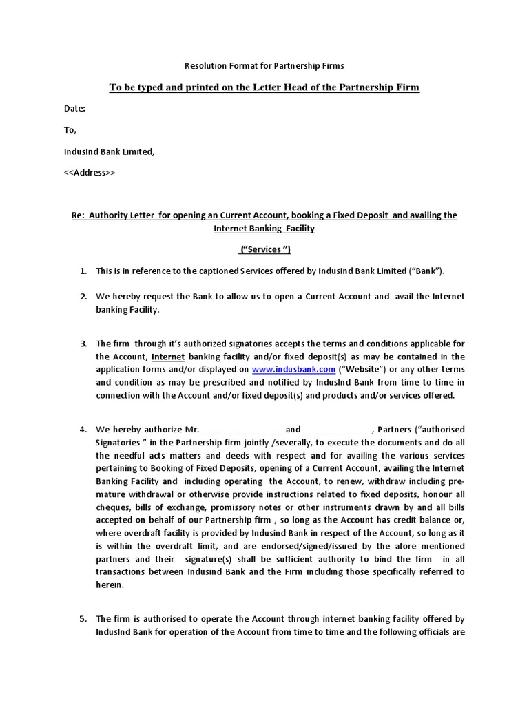 Partnership Firm Resolution Format | PDF | Transaction Account | Banks