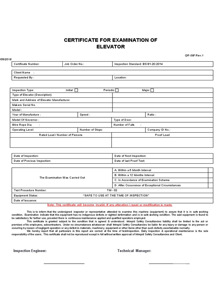 Elevator Safety Inspection Certificate | PDF | Elevator | Manufactured ...