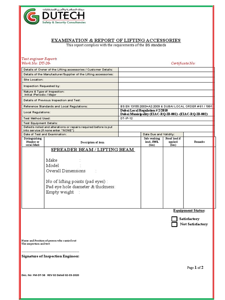 Fmdt58 Spreader Beam Lifting Beam Checklist PDF Mechanical