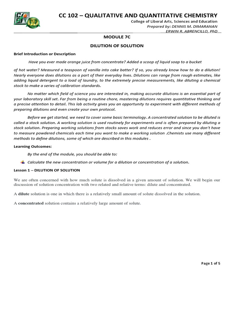 Z227caec6 - CC 102 - Module 7C - Solution - Dilution of Solution | PDF ...