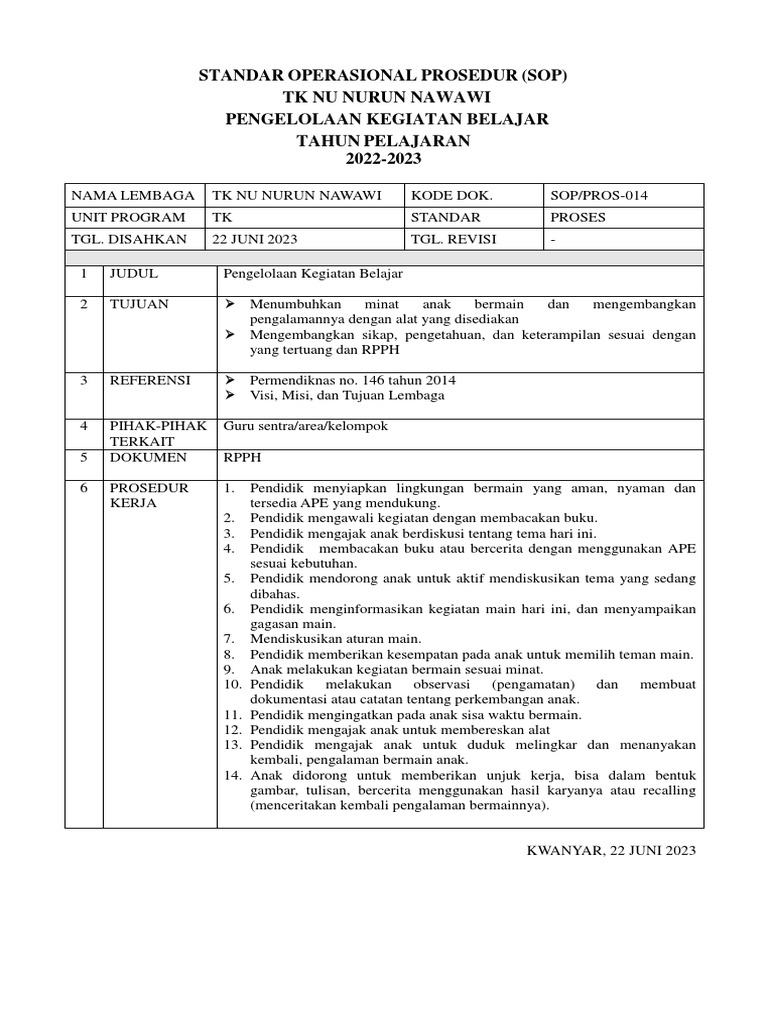 14 Sop Paud Pengelolaan Kegiatan Belajar | PDF