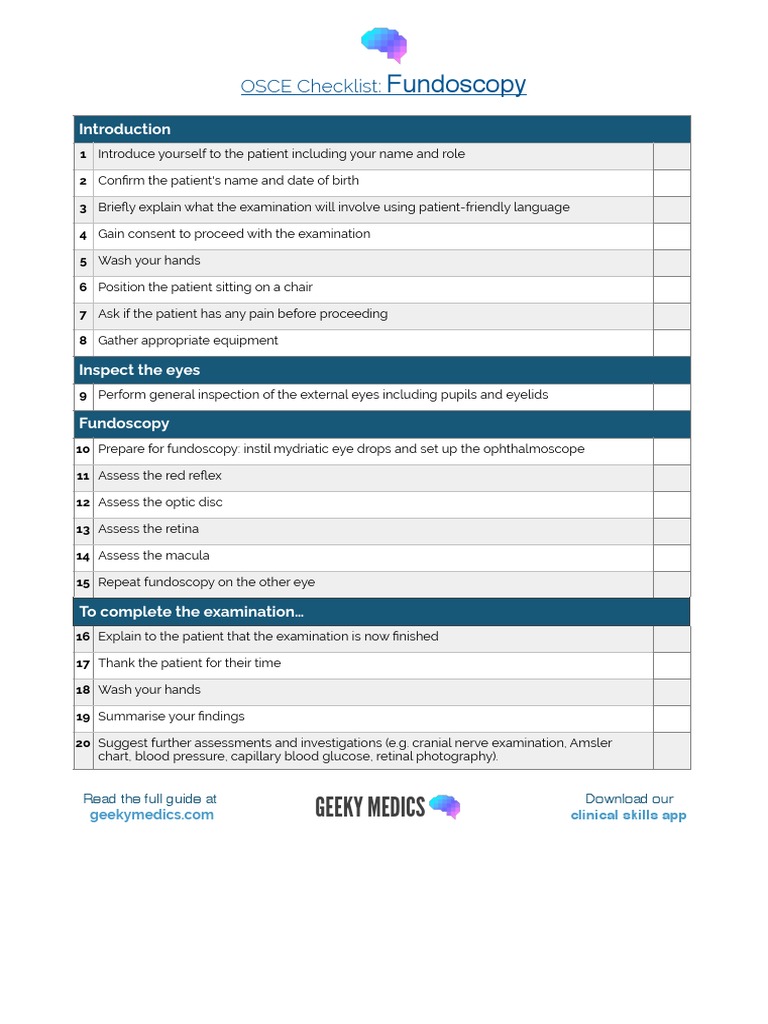 Fundoscopy OSCE Procedure Checklist | PDF | Self-Improvement