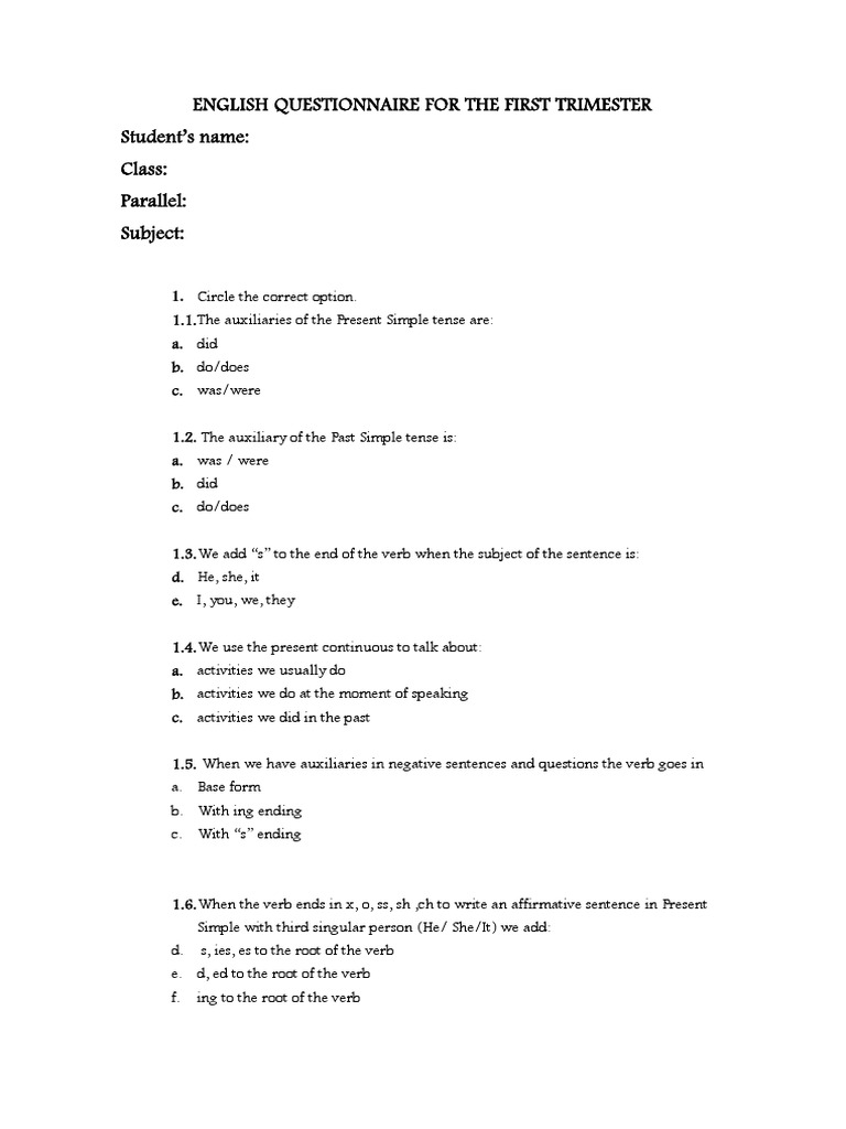 English Questionnaire For 1bgu PDF Verb Subject (Grammar)