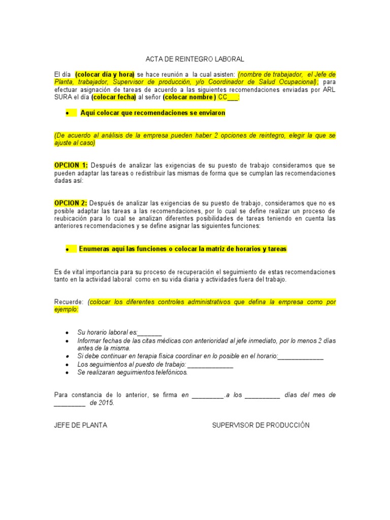 Acta de Reintegro Laboral | PDF | Seguridad y salud ocupacional