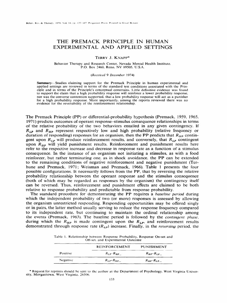 Premack Principle in Human Settings | PDF | Reinforcement | Mental ...