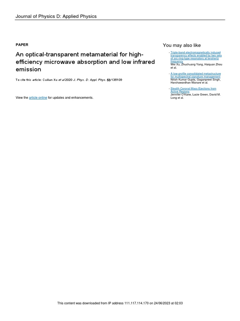 Xu 2020 J. Phys. D Appl. Phys. 53 135109 PDF Infrared Metamaterial