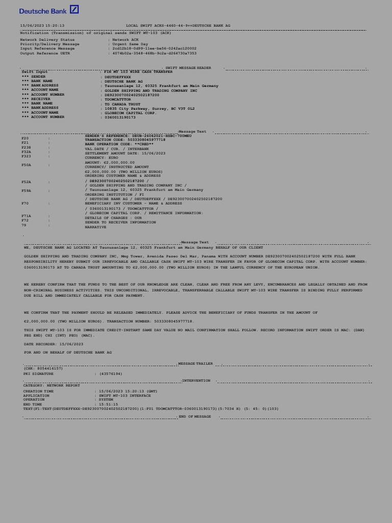 Golden Shipping €2M Transfer Confirmation | PDF | Wire Transfer ...