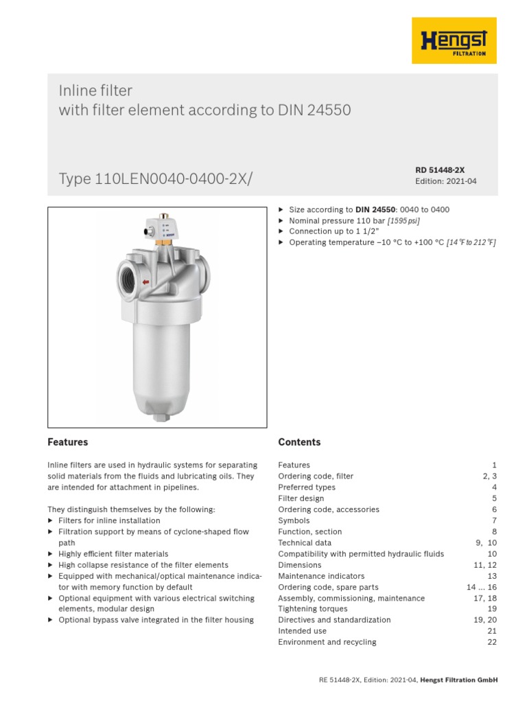 Inline Filter With Filter Element According To DIN 24550 Features
