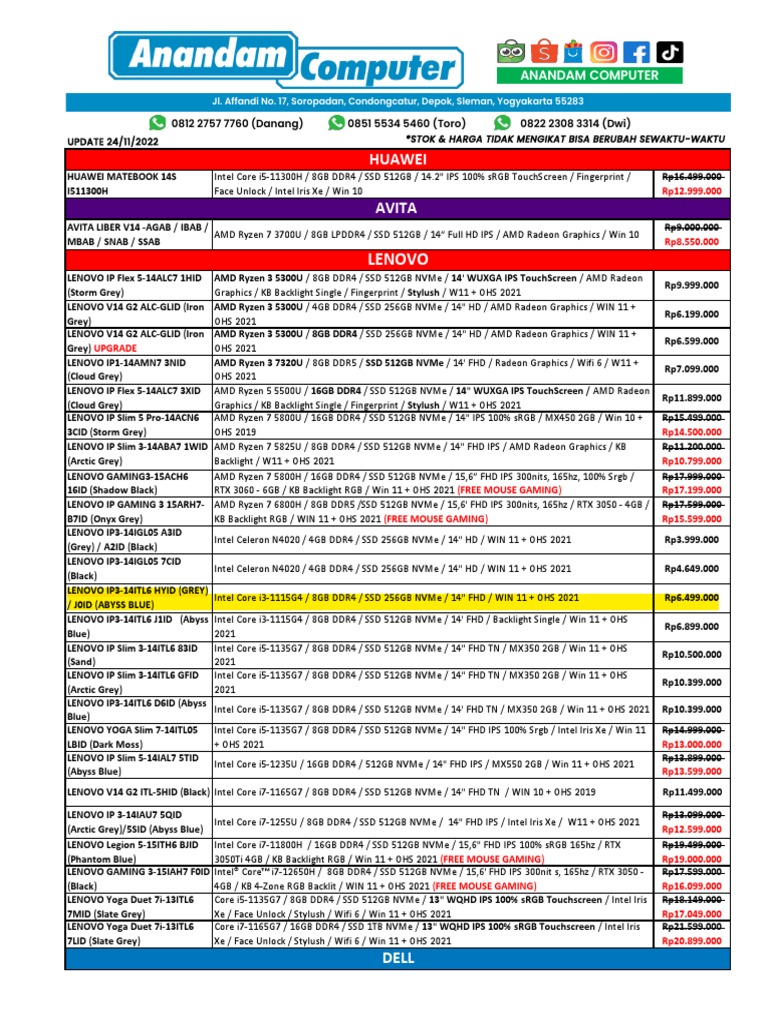Pricelist New Notebook 24-November-2022 | PDF | Computer Hardware | X86