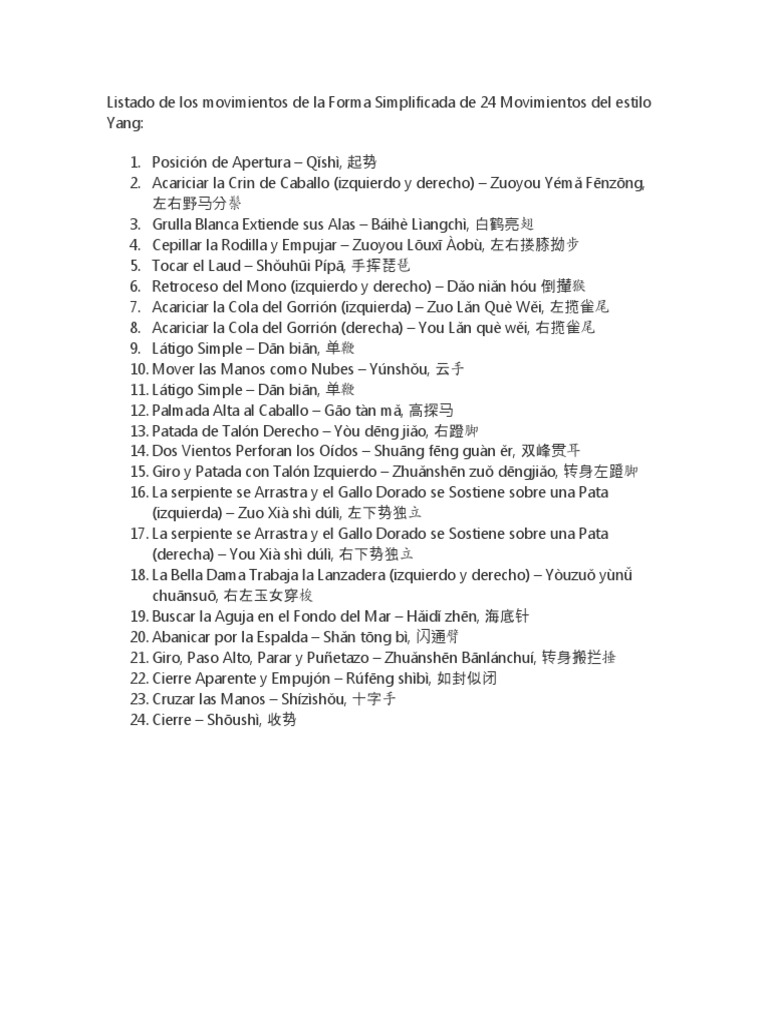 Listado de Los Movimientos de La Forma Simplificada de 24 Movimientos ...
