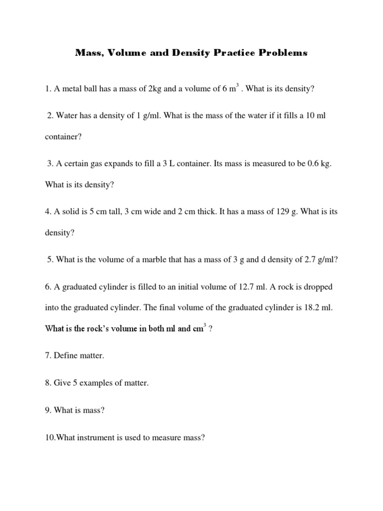 Density Worksheet PDF