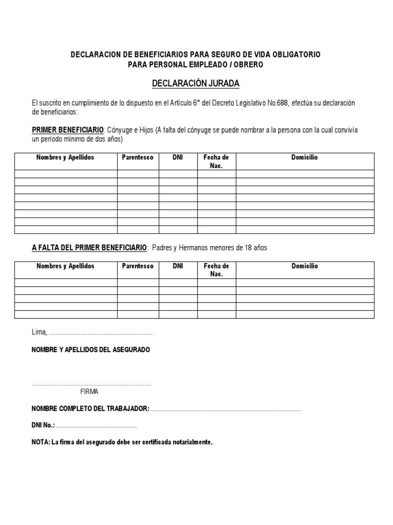 Formato declaracion de beneficiarios pdf