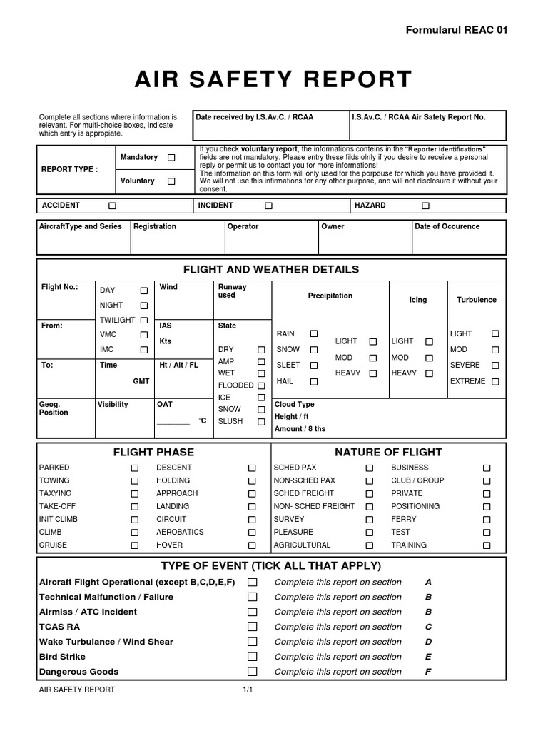 Aviation Air Safety Report Form | PDF | Aviation Safety | Aircraft