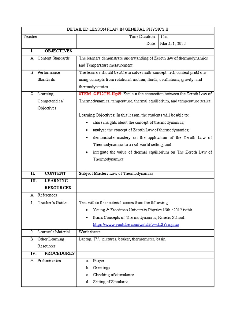 Lesson Plan: Zeroth Law of Thermodynamics | PDF | Thermodynamics ...