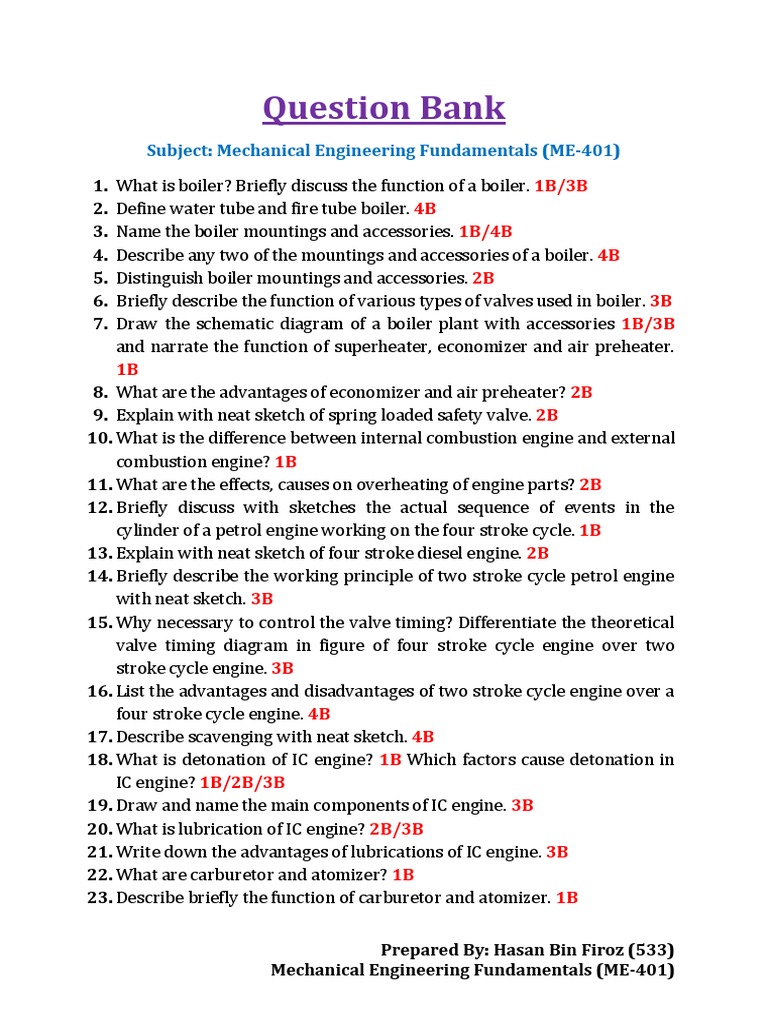 Question Bank (ME 401) Download Free PDF Engines Diesel Engine