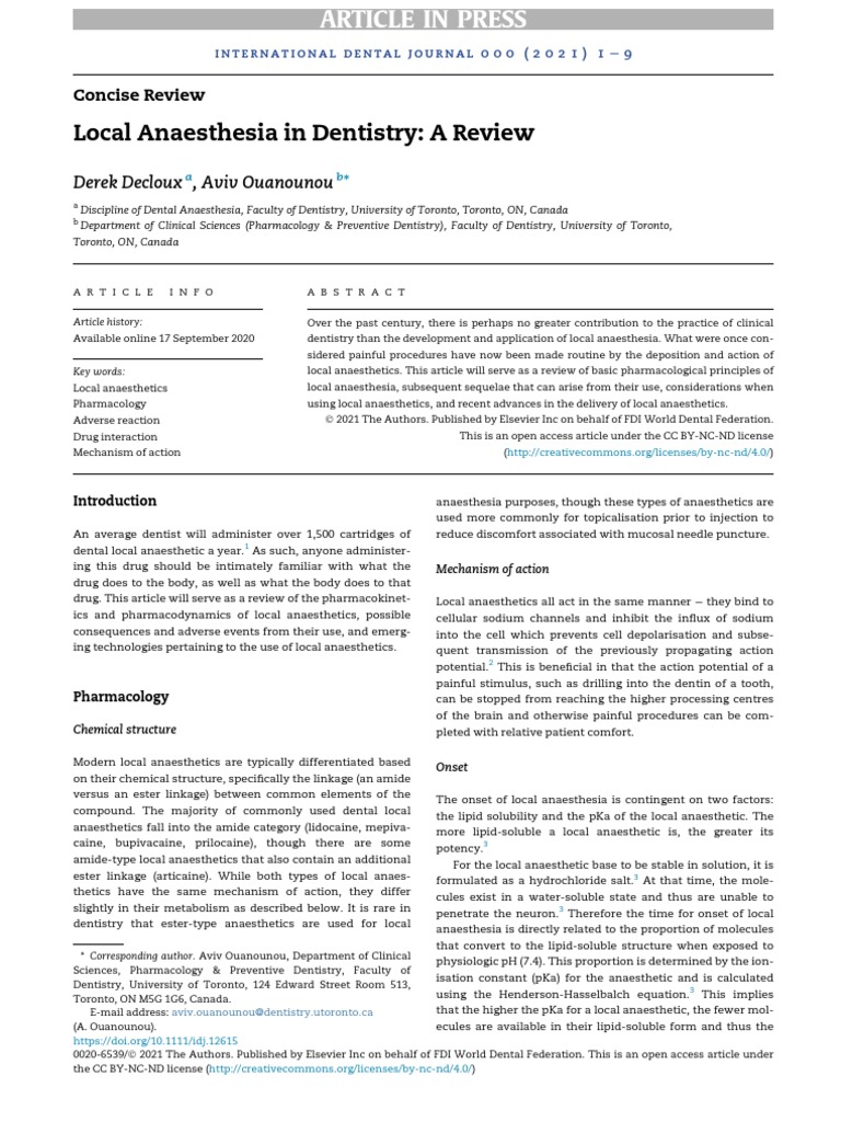 Local Anaesthesia in Dentistry A Review PDF Allergy Anesthesia