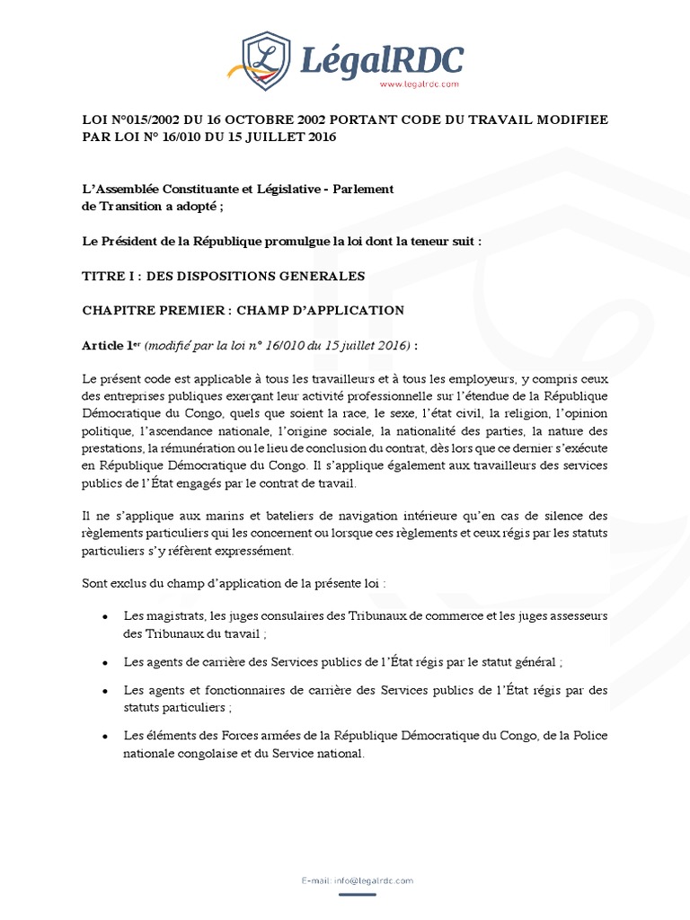Code du travail RDC 2016 modifié | PDF | Loi | Justice