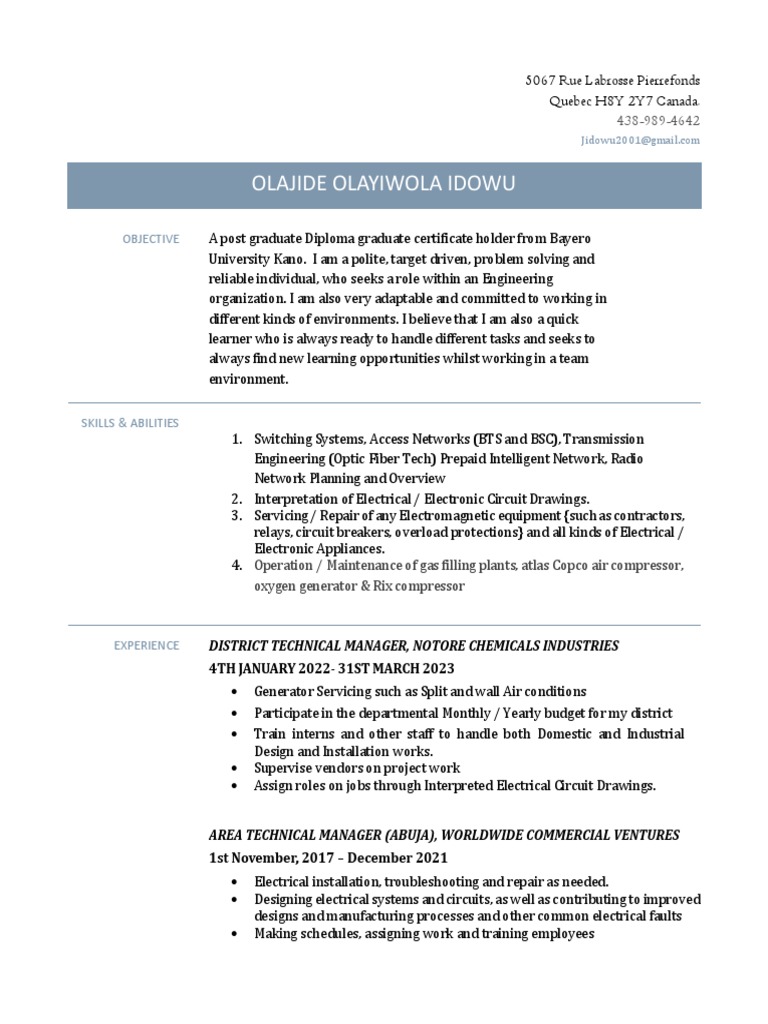 Resume Olajide Idowu PDF Relay Electronics