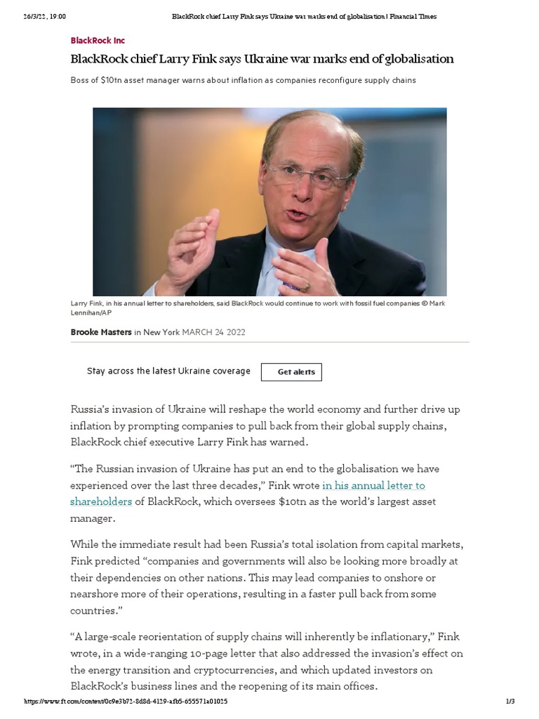 BlackRock Chief Larry Fink Says Ukraine War Marks End of Globalisation -  Financial Times | PDF | Black Rock | Renewable Energy