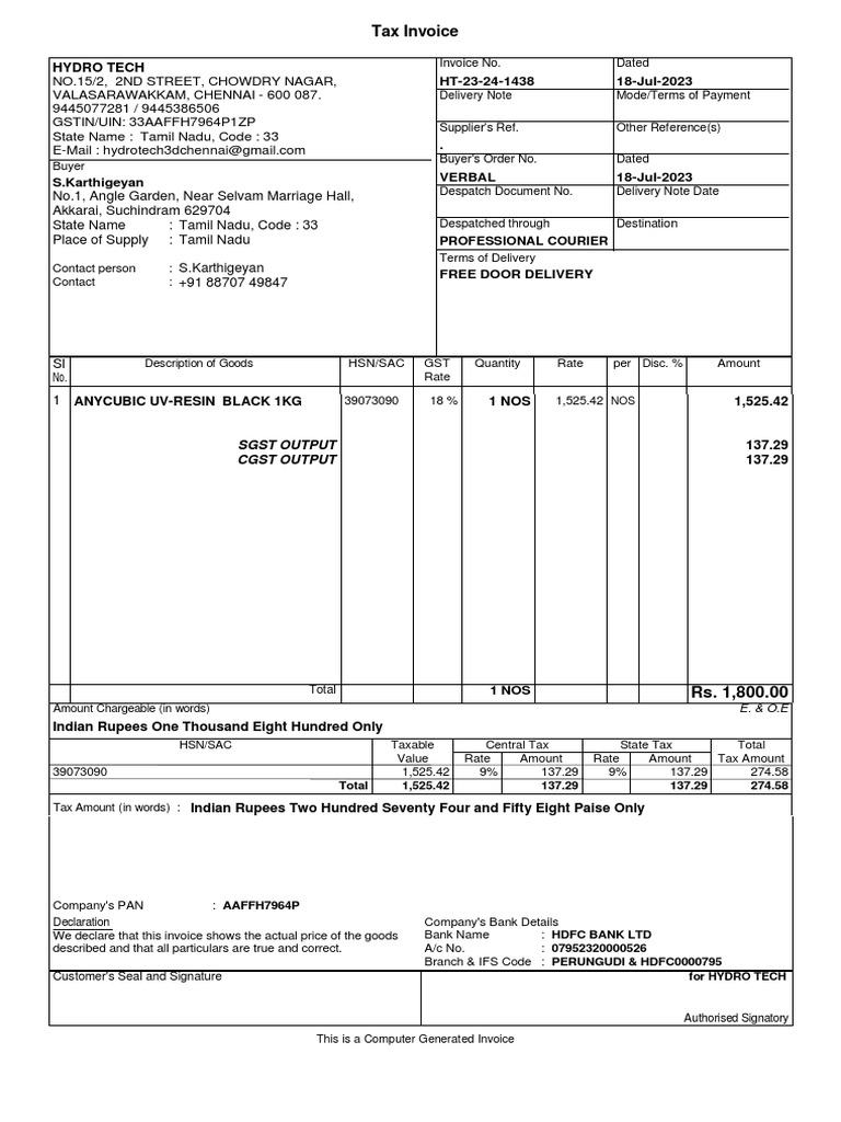 Hydro Tech Tax Invoice Details | PDF | Invoice | Taxation