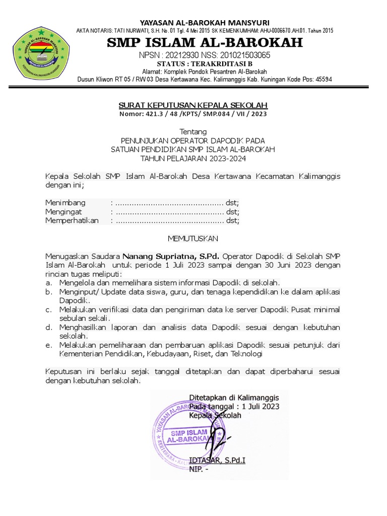 Sk Penugasan Operator Dapodik 2023 Pdf