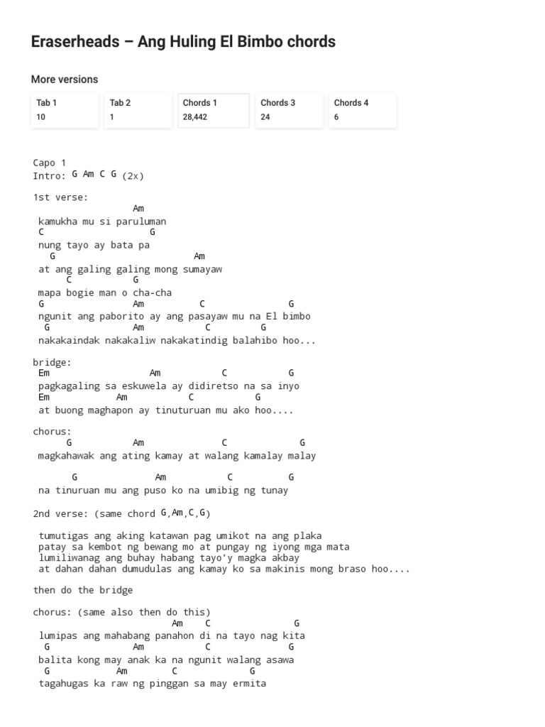 Ang Huling El Bimbo Chords With Lyrics by Eraserheads For Guitar and