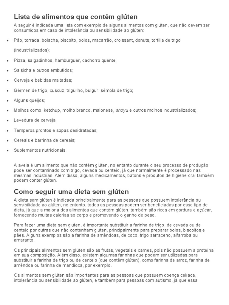 Alimentos que Contêm Glúten: Lista Completa | PDF | Glúten | Dieta sem ...