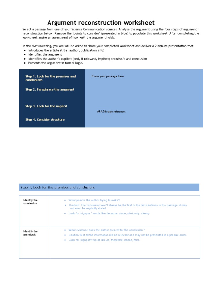 Argument Reconstruction Worksheet PDF Argument Philosophical