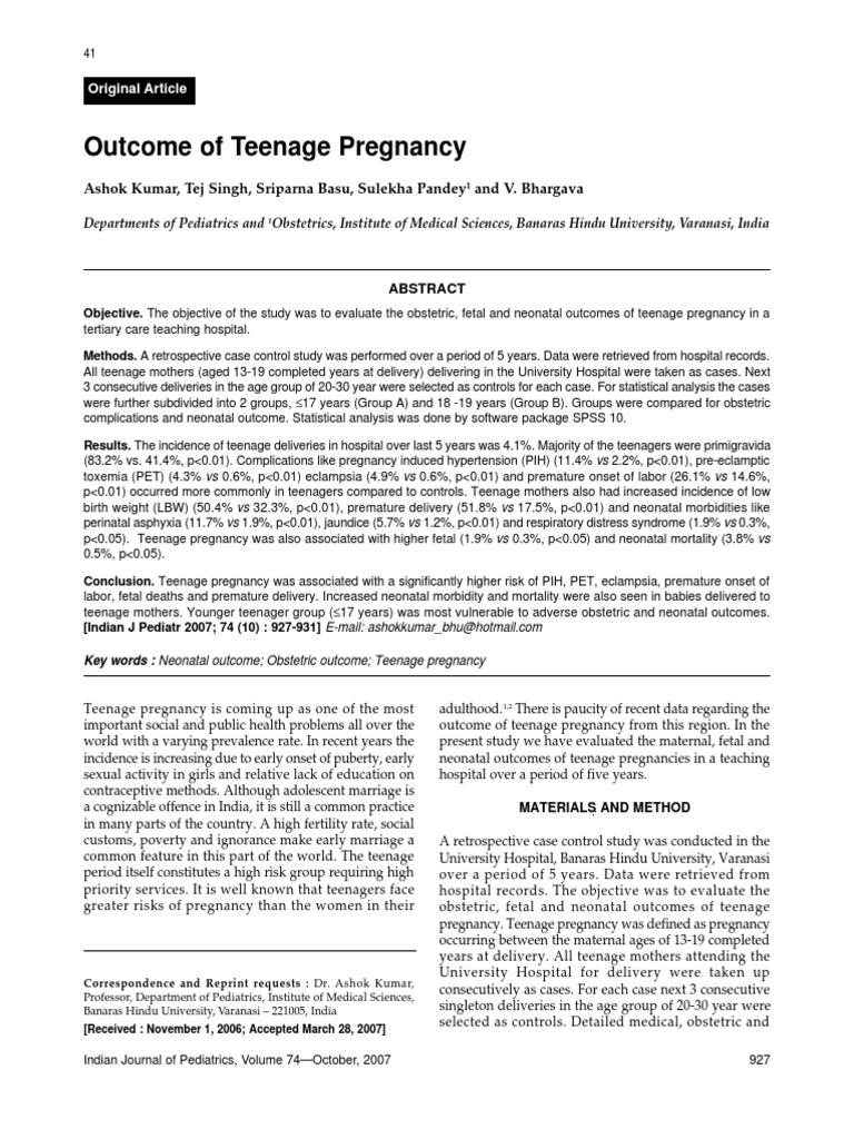 Teenage Pregnancy Outcomes in India | PDF | Childbirth | Pregnancy