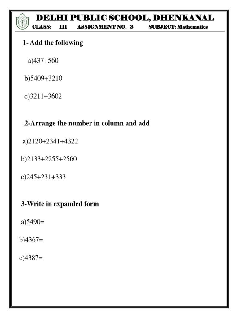 Class 3 Mathematics Worksheet PDF