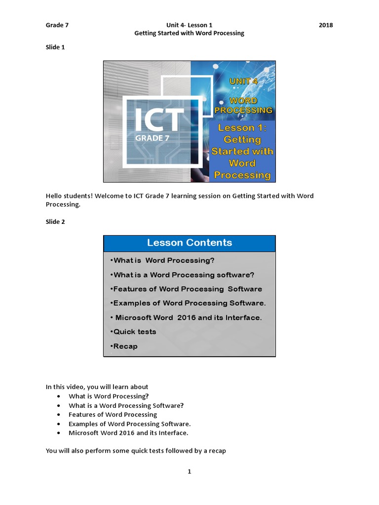 Unit 4 - Lesson 1 - Getting Started With Word Processing | PDF ...