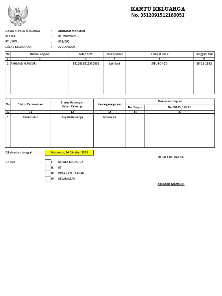 Contoh Kartu Keluarga Cerai Hidup | PDF