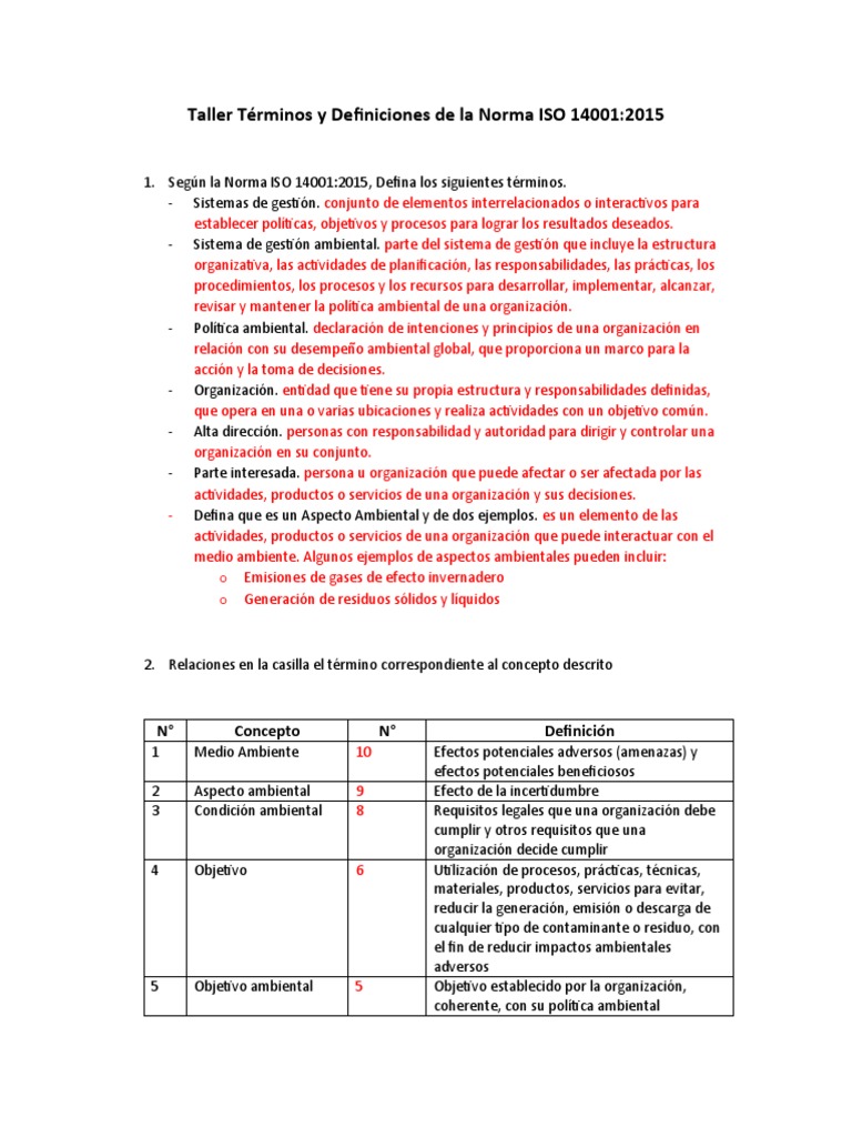 Taller Términos y Definiciones de La Norma ISO 14001 | PDF | Entorno ...