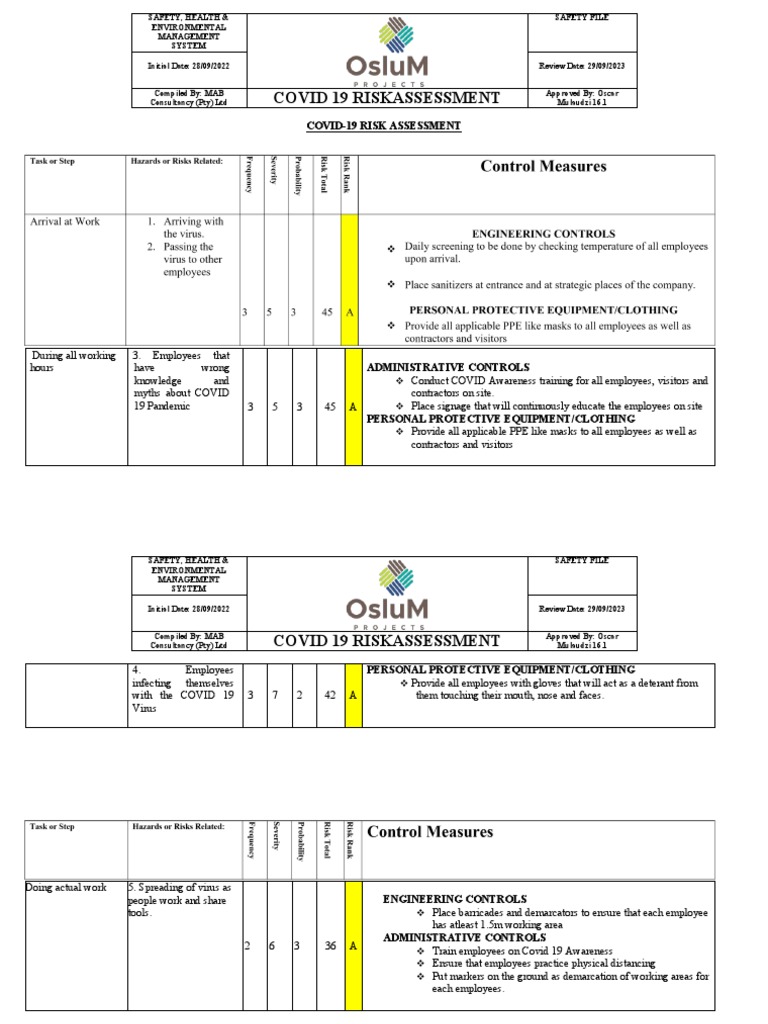 COVID 19 Risk Assessment | PDF | Personal Protective Equipment | Health ...