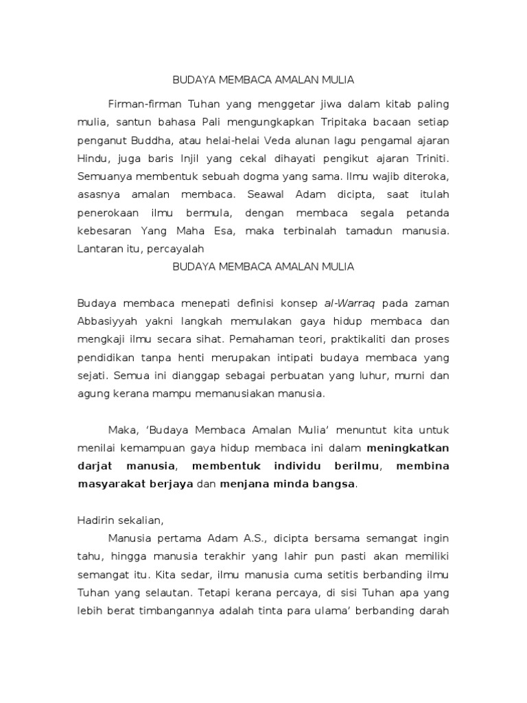 Karangan Tingkatan 4 Teks Syarahan Bangsa Membaca