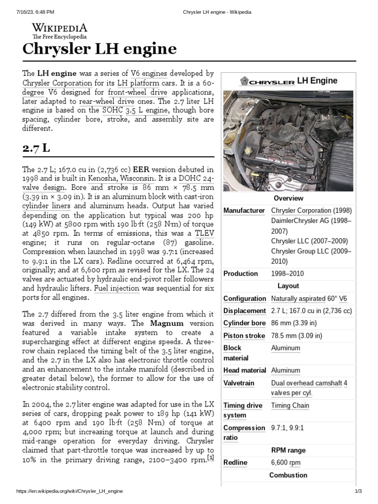 Chrysler LH Engine Wikipedia PDF Engines Vehicle Technology