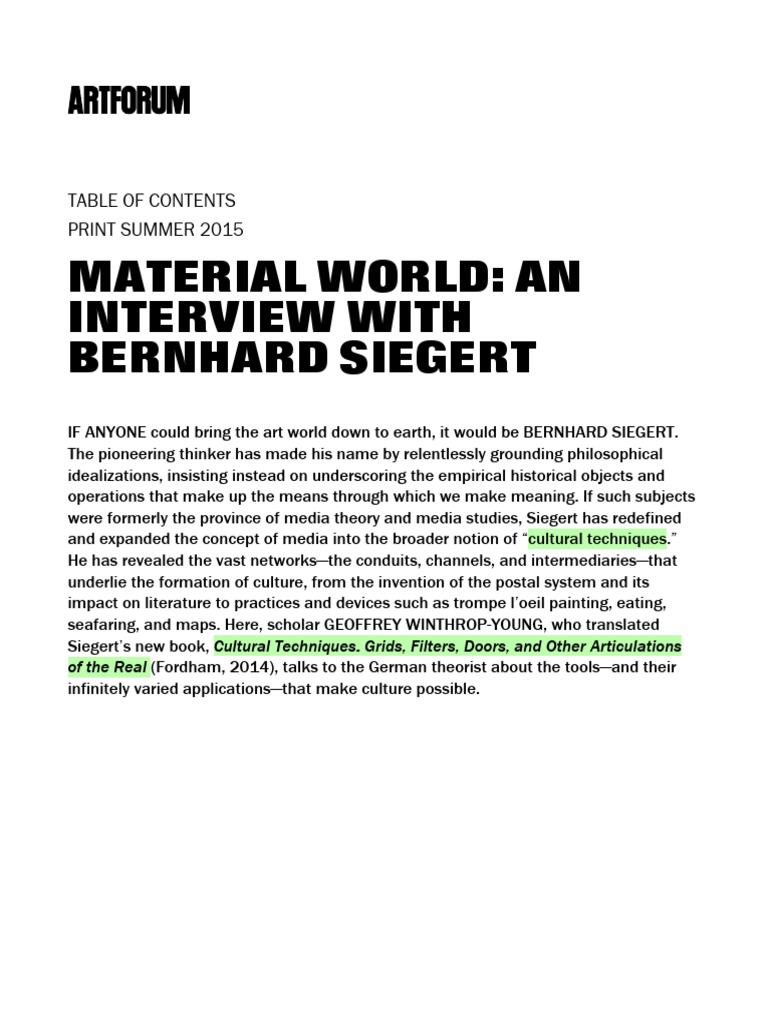 MATERIAL WORLD AN INTERVIEW WITH BERNHARD SIEGERT Artforum