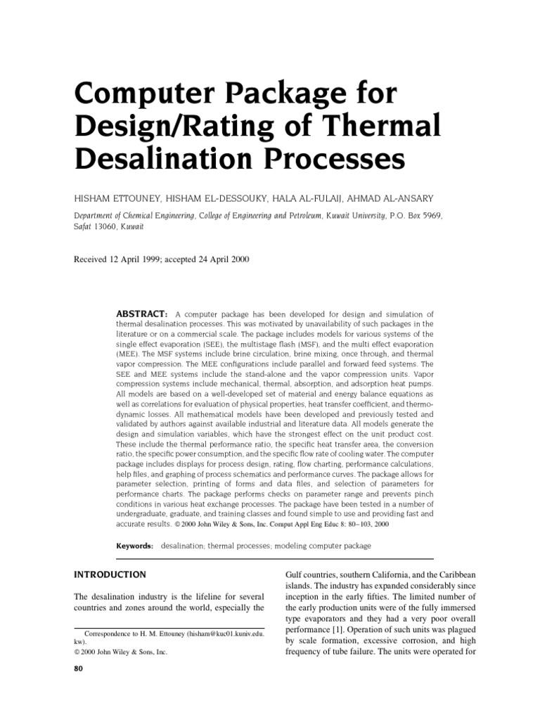 Computer Package For Design-Rating of Thermal Desalination Processes ...
