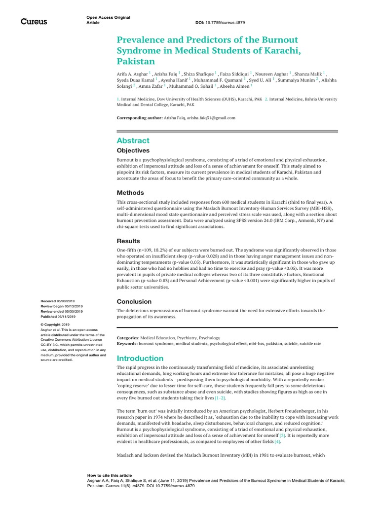 Prevalence and Predictors of The Burnout Syndrome in Medical Students ...