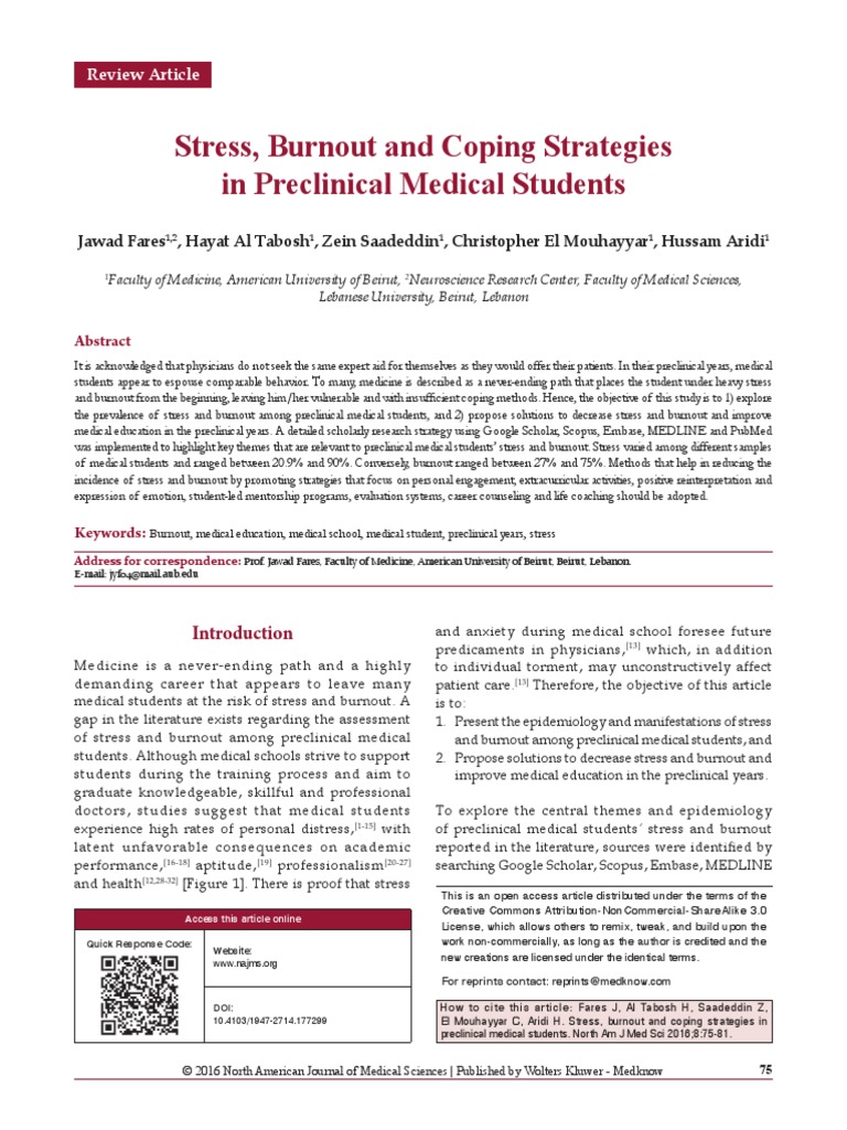 Stress, Burnout and Coping Strategies in Preclinical Medical Students PDF Occupational