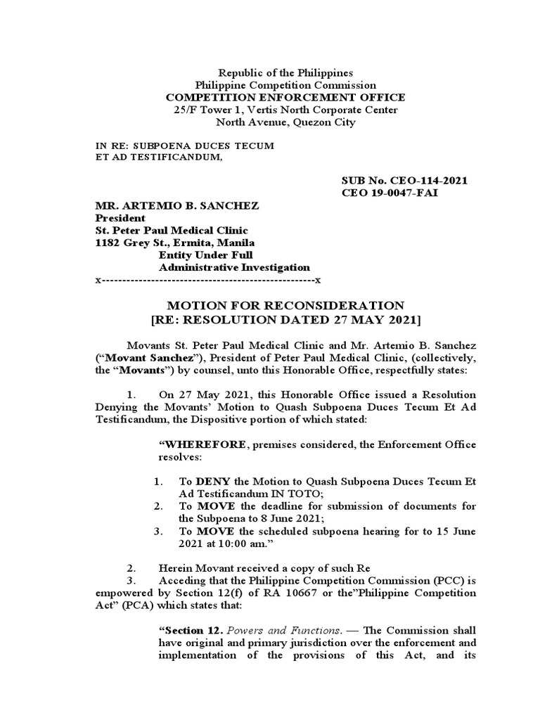 Motion For Reconsideration PDF Subpoena Duces Tecum Subpoena