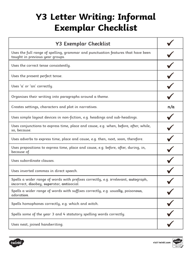 Y3 Letter Writing Informal Model Exemplar Checklist PDF Language