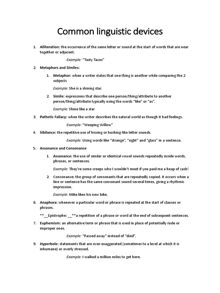 Common Linguistic Devices PDF Word Sentence (Linguistics)