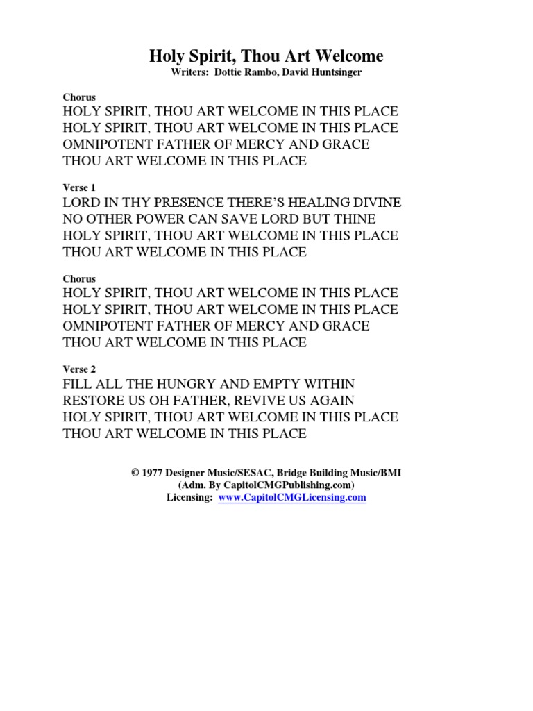 Holy spirit thou art welcome lyrics pdf