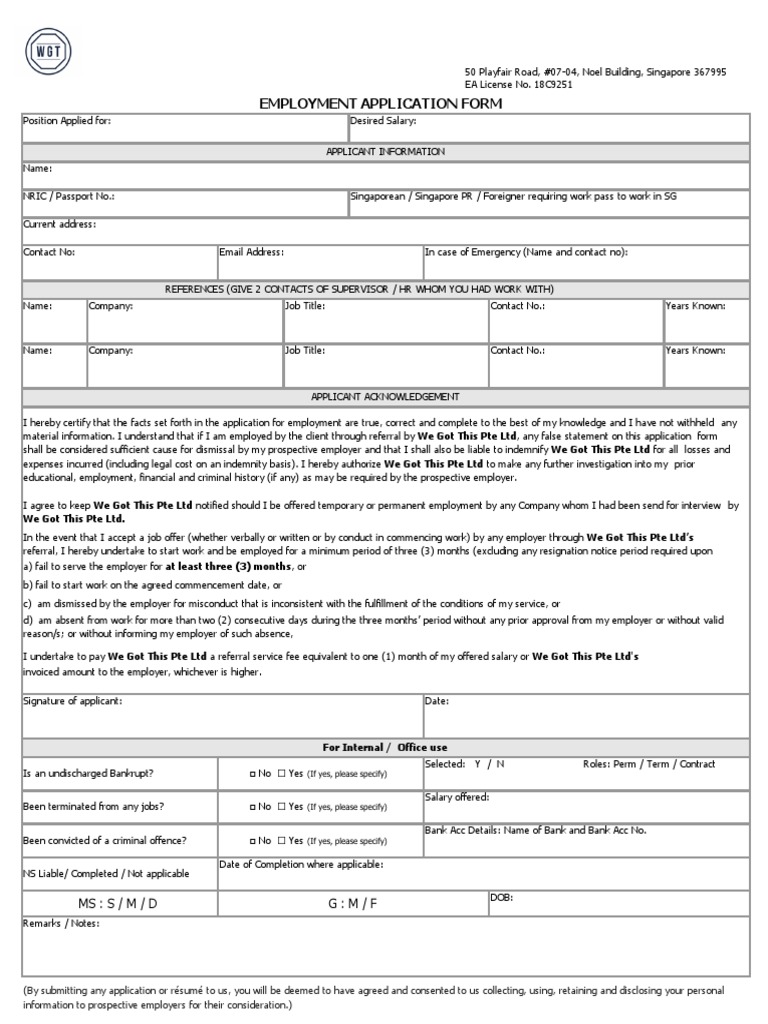 Wgt Application Form Pdf Employment Indemnity