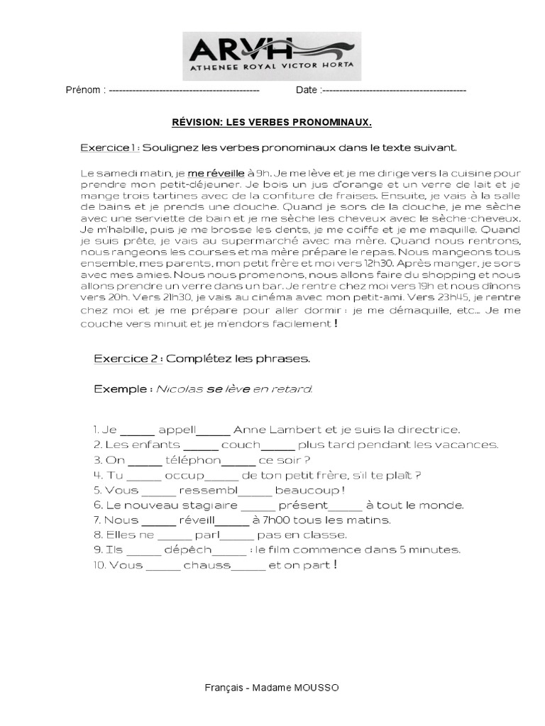 Exercices sur les verbes pronominaux | PDF