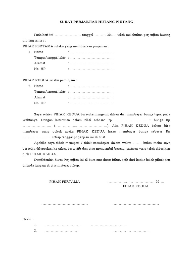 Surat Perjanjian Hutang Piutang Resmi Pdf