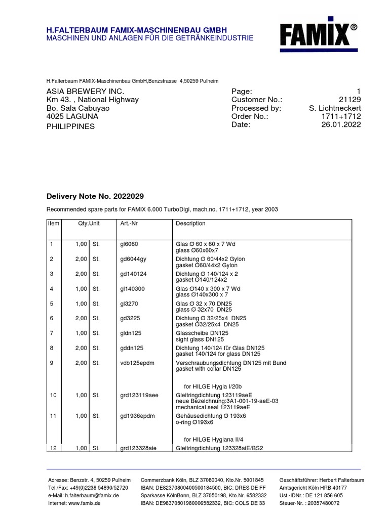 FAMIX Recommended Spare Parts #1711+1712 | PDF