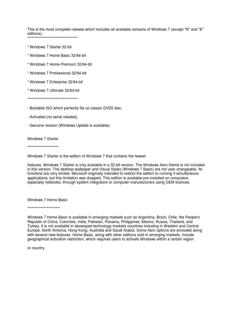 Windows 7 Description PDF Windows 7 Operating System Families